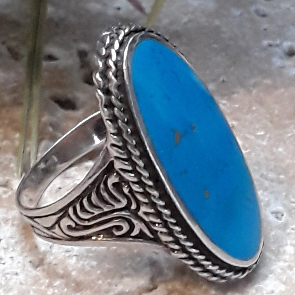 Deep Turquoise Elongated Oval  & Sterling Ring Southwestern Size 10.5